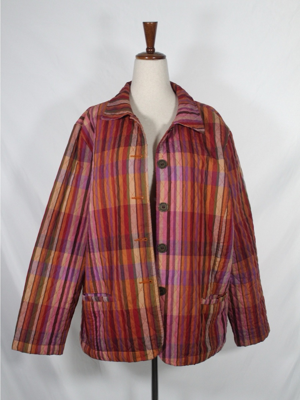 90s Vintage Women's Multicolor Plaid Quilted Jacket - Pink/Red/Orange